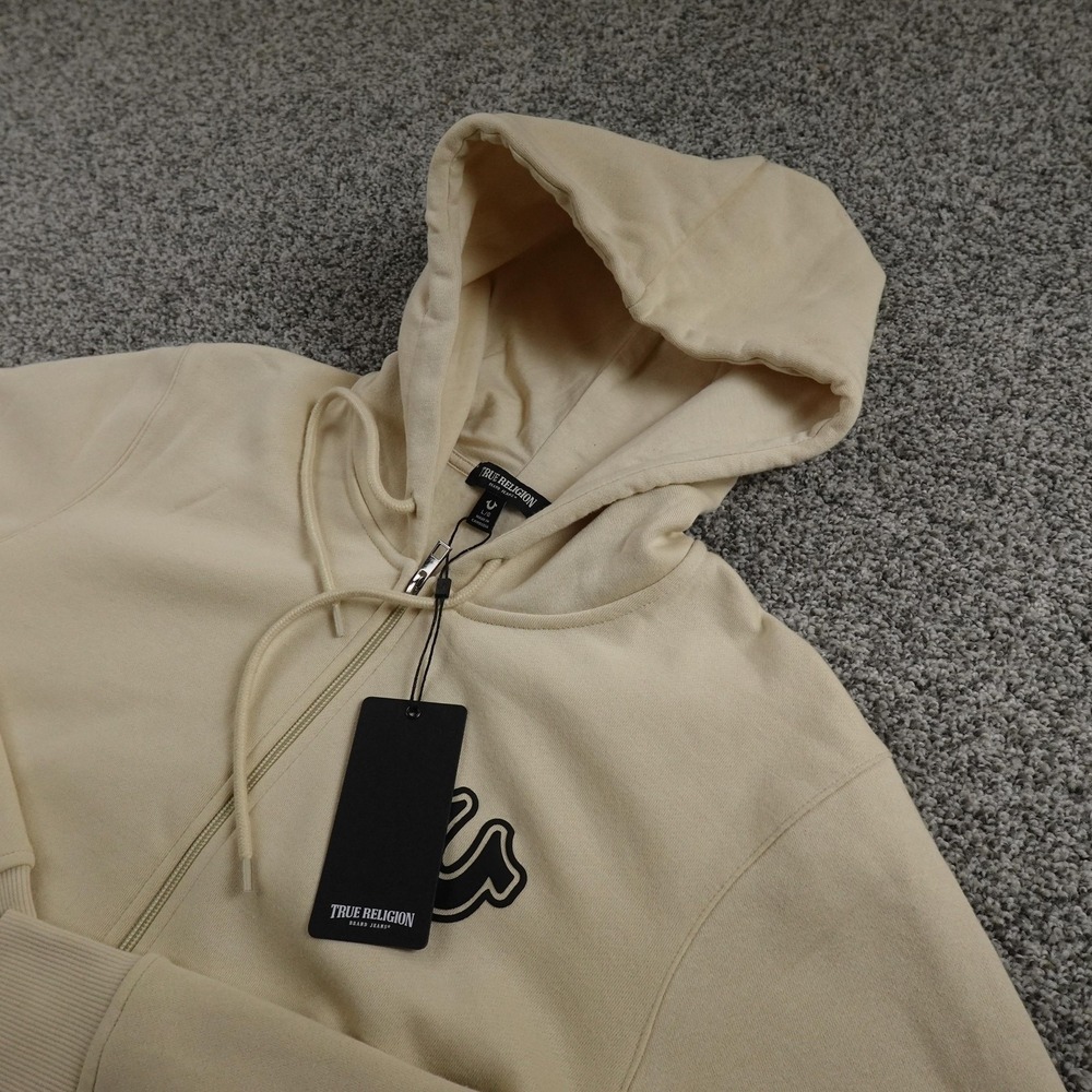 NEW True Religion Hoodie Mens L Beige Buddha Full Zip‎ Sweatshirt Sweater Jacket